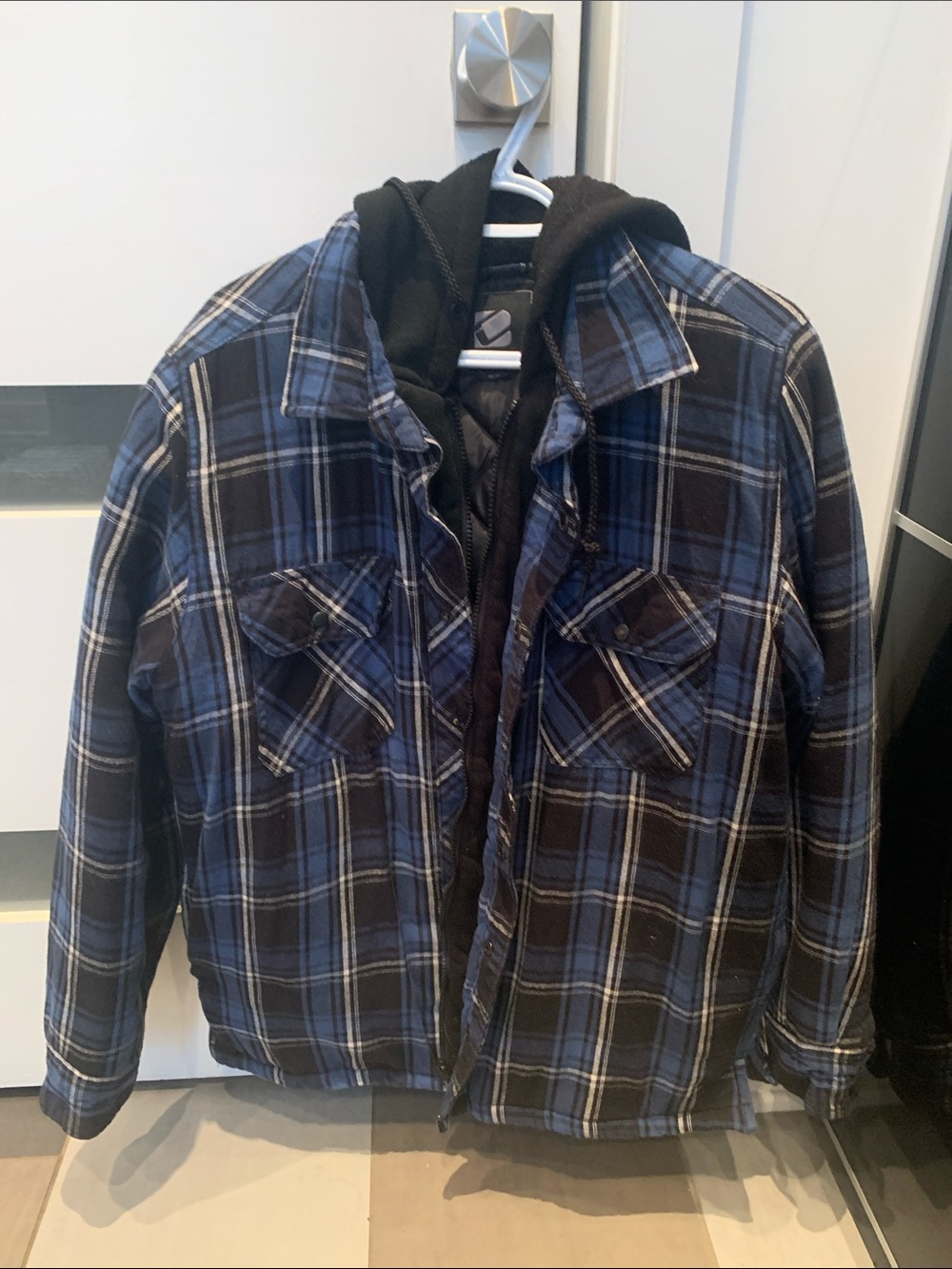 Men's Blue Plaid Hooded Flannel Jacket - medium